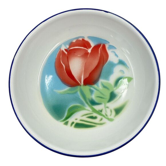 Bumper Harvest Floral Enamelware Dish Blue Rim Red Tulip Flower 1950s Retro - Picture 8 of 8